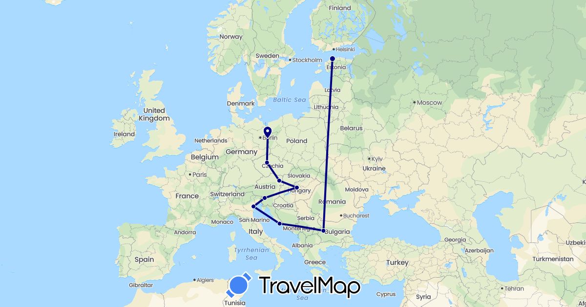 TravelMap itinerary: driving in Austria, Bulgaria, Czech Republic, Germany, Estonia, Croatia, Hungary, Italy, Slovenia (Europe)